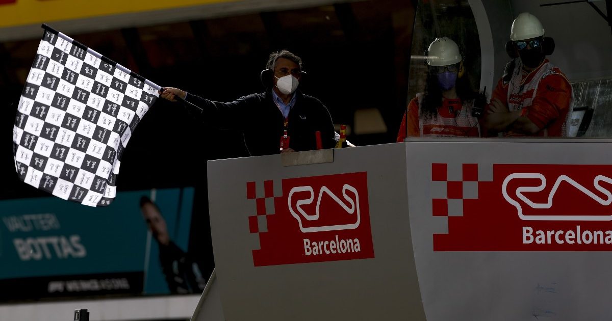 Chequered flag at the Circuit de Barcelona-Catalunya. Spain, May 2021.