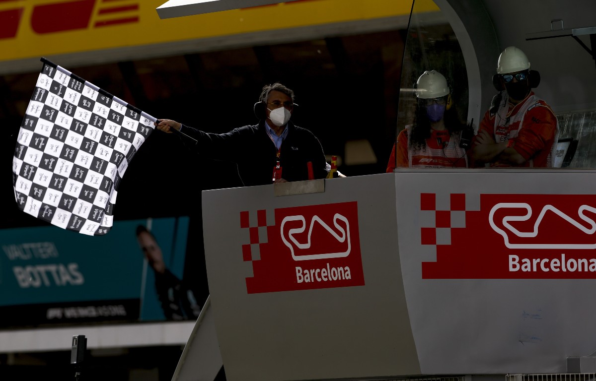 Chequered flag at the Circuit de Barcelona-Catalunya. Spain, May 2021.