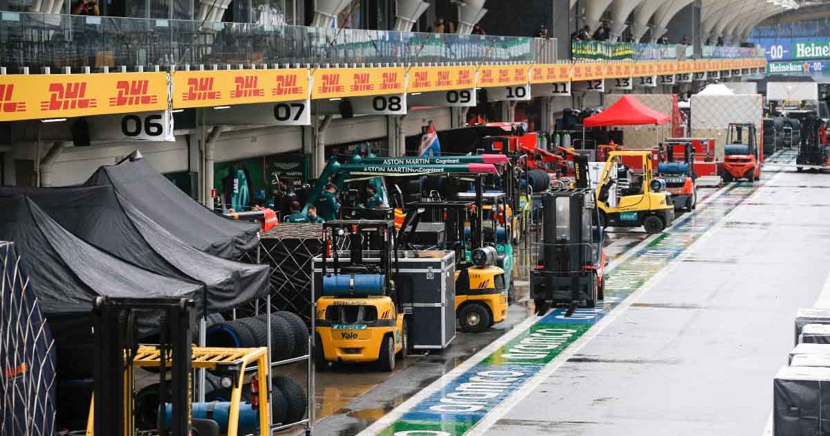 A wet F1 pit lane in Brazil. Interlagos November 2021.