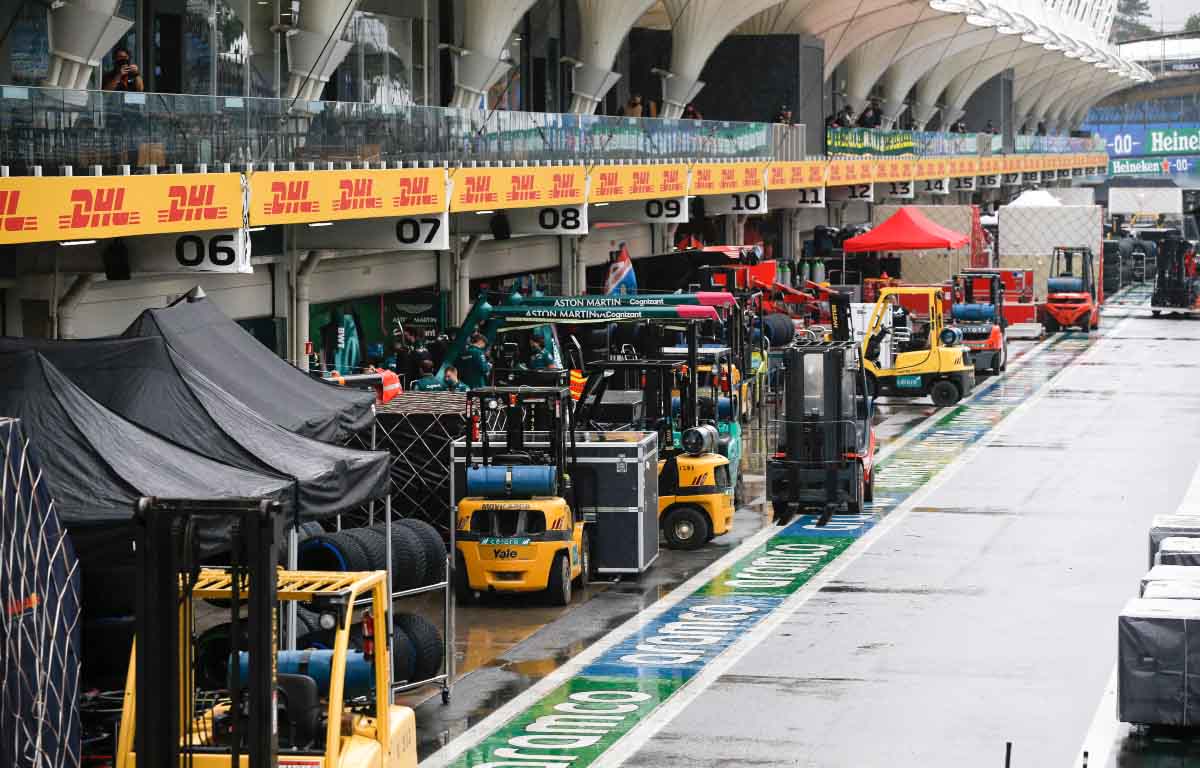 A wet F1 pit lane in Brazil. Interlagos November 2021.