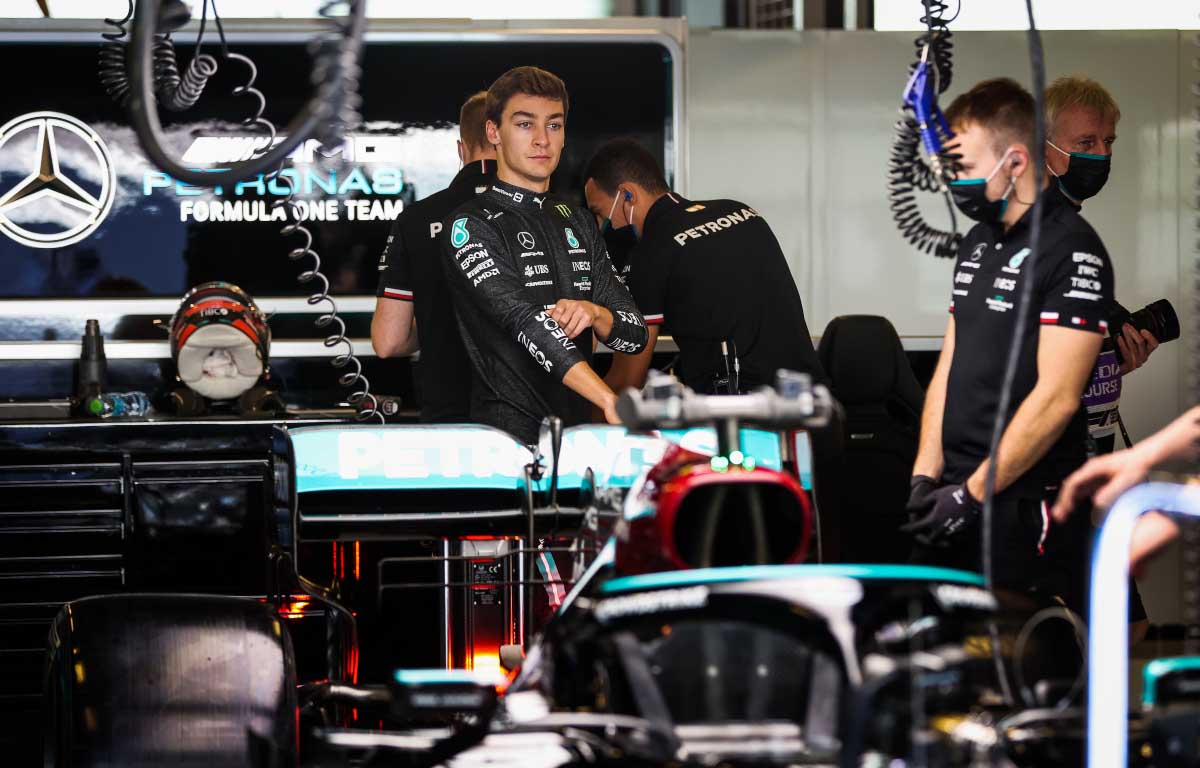 George Russell at the back of the Mercedes garage. Abu Dhabi December 2021.