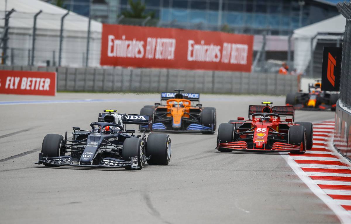 Pierre Gasly ahead of a Ferrari and a McLaren. Sochi September 2021.