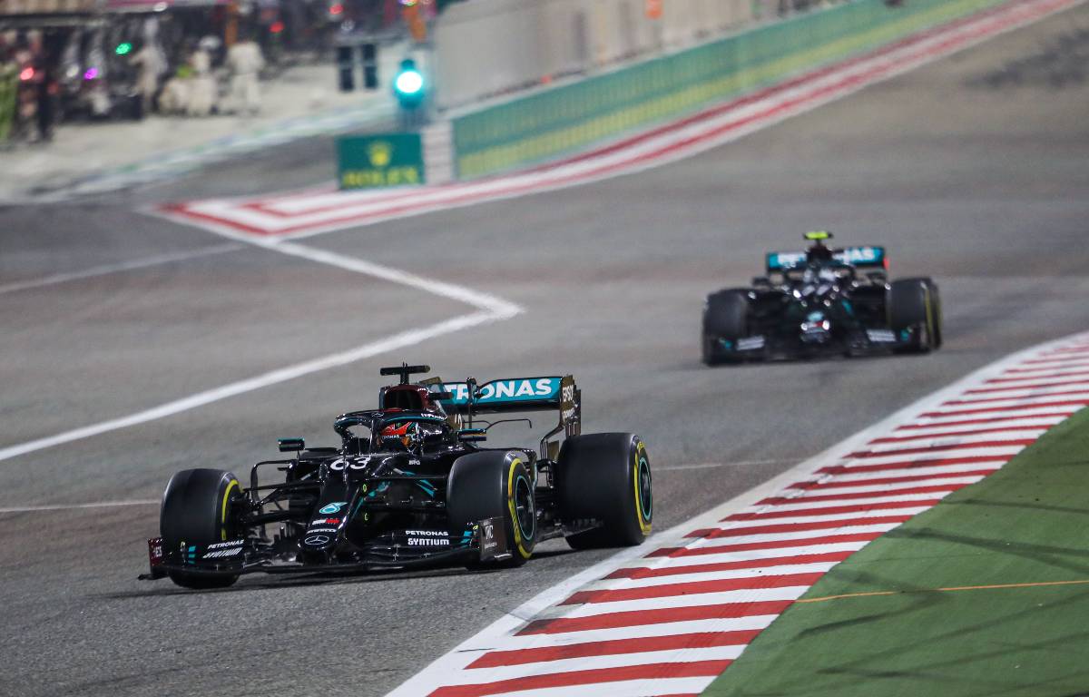 George Russell leads Valtteri Bottas in the Sakhir GP. Bahrain December 2020.