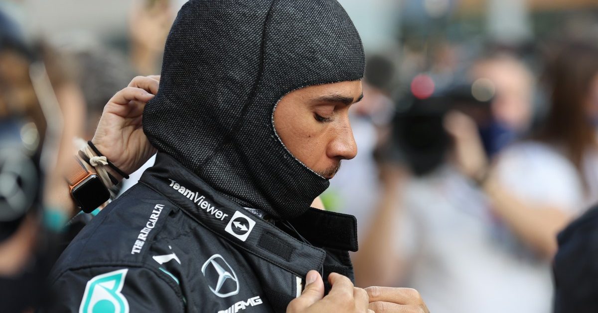 Lewis Hamilton in his Mercedes race suit. Abu Dhabi, December 2021.