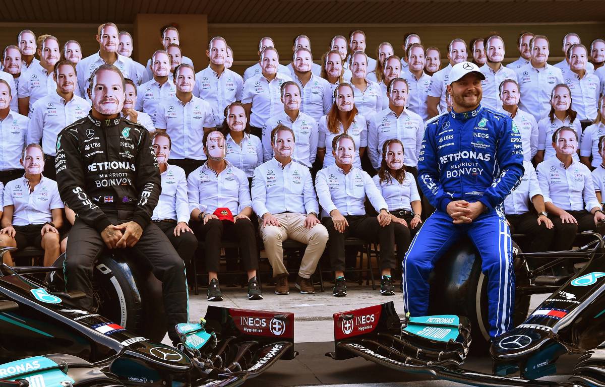 Lewis Hamilton and Mercedes wear Valtteri Bottas masks. Abu Dhabi, December 2021.