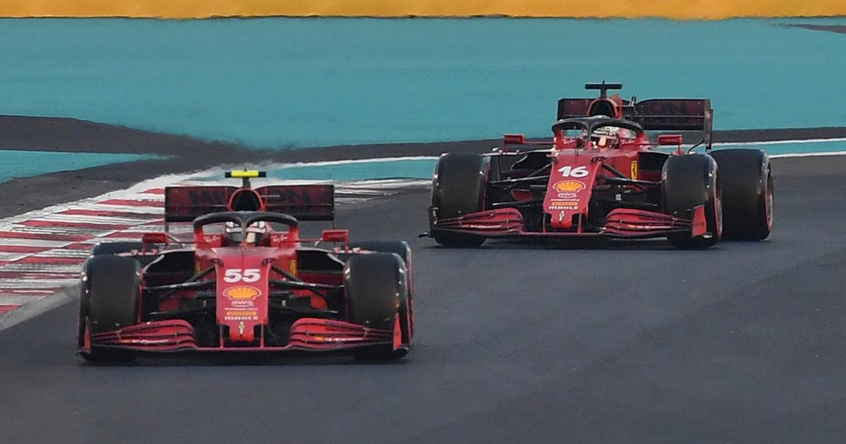 Charles Leclerc follows Ferrari team-mate Carlos Sainz. Abu Dhabi December 2021.