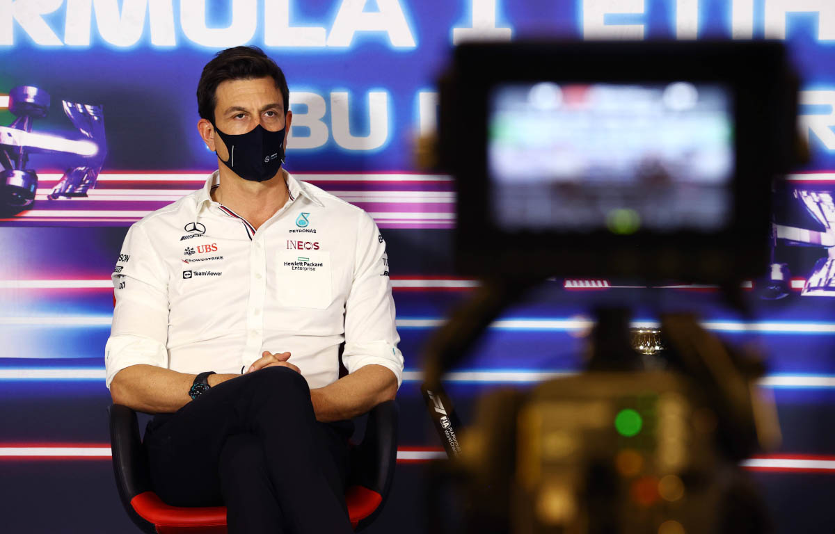 Toto Wolff answers questions in a press conference. Abu Dhabi December 2021.