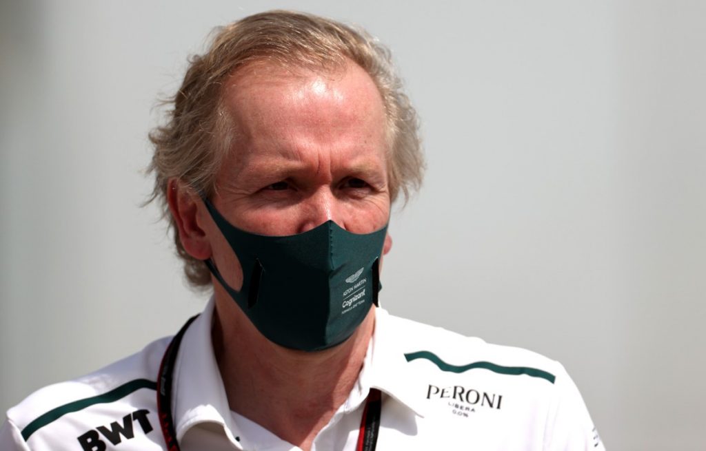 Andrew Green wears an Aston Martin mask. Bahrain, March 2021.
