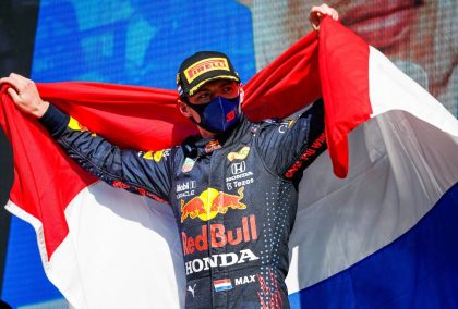 Max Verstappen celebrates winning the Dutch Grand Prix. September 2021.