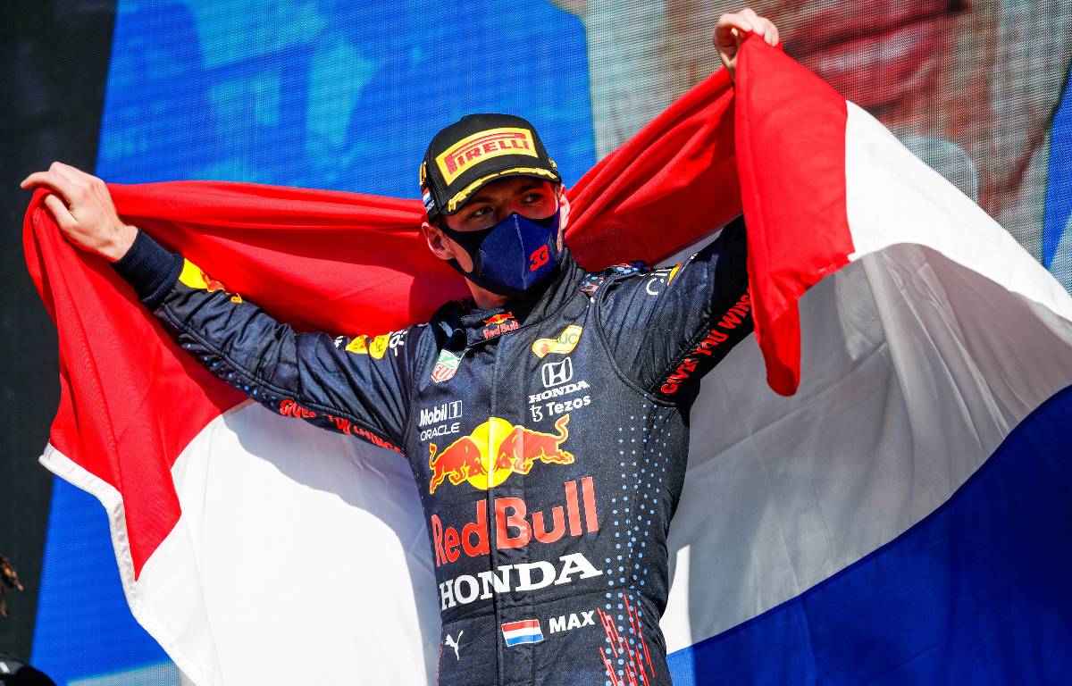Max Verstappen celebrates winning the Dutch Grand Prix. September 2021.