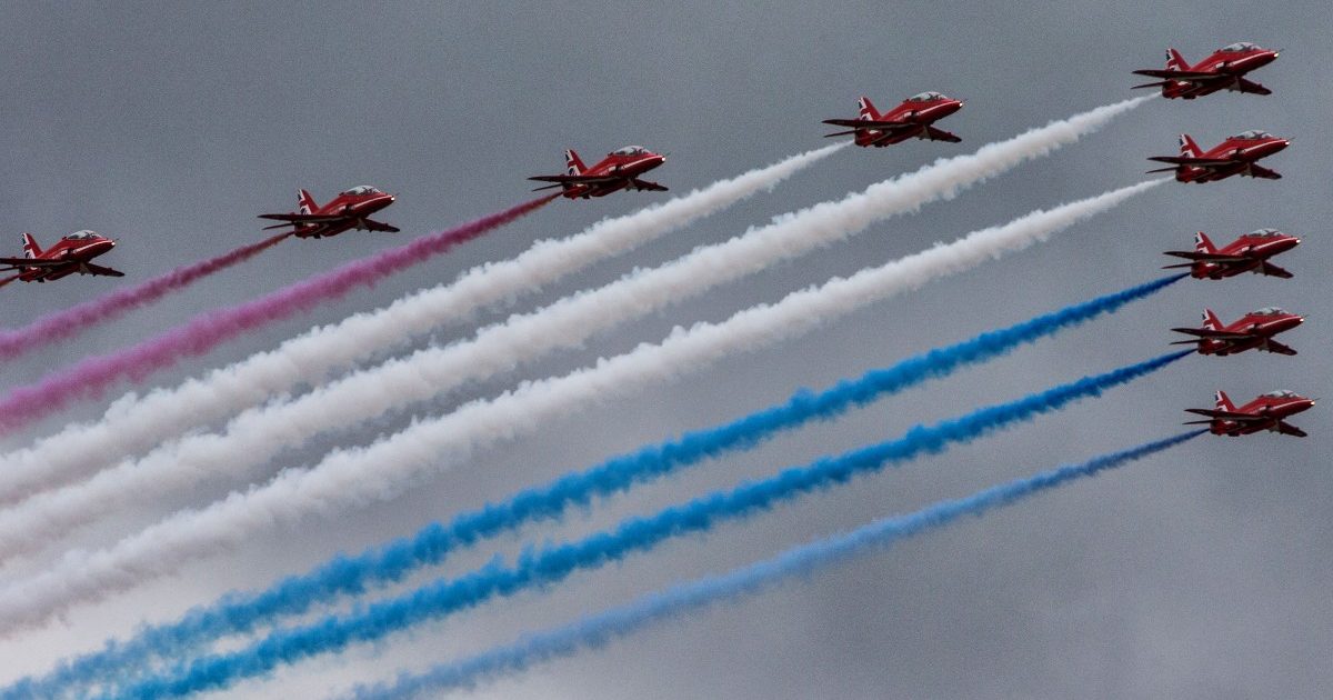 A close-up of the Red Arrows display at Silverstone. England, July 2017.