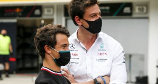 Nyck de Vries speaks to Mercedes boss Toto Wolff. Hungary August 2021.