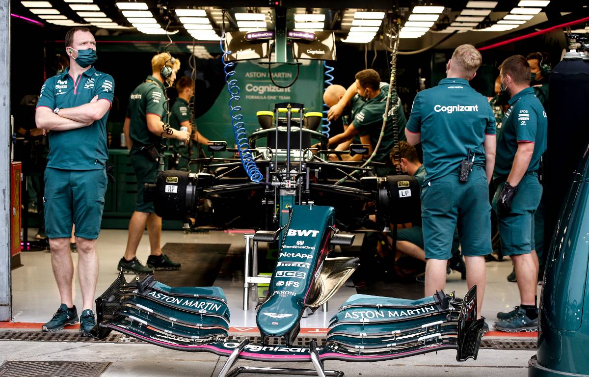 Aston Martin crew work on their car. Italy, September 2021.