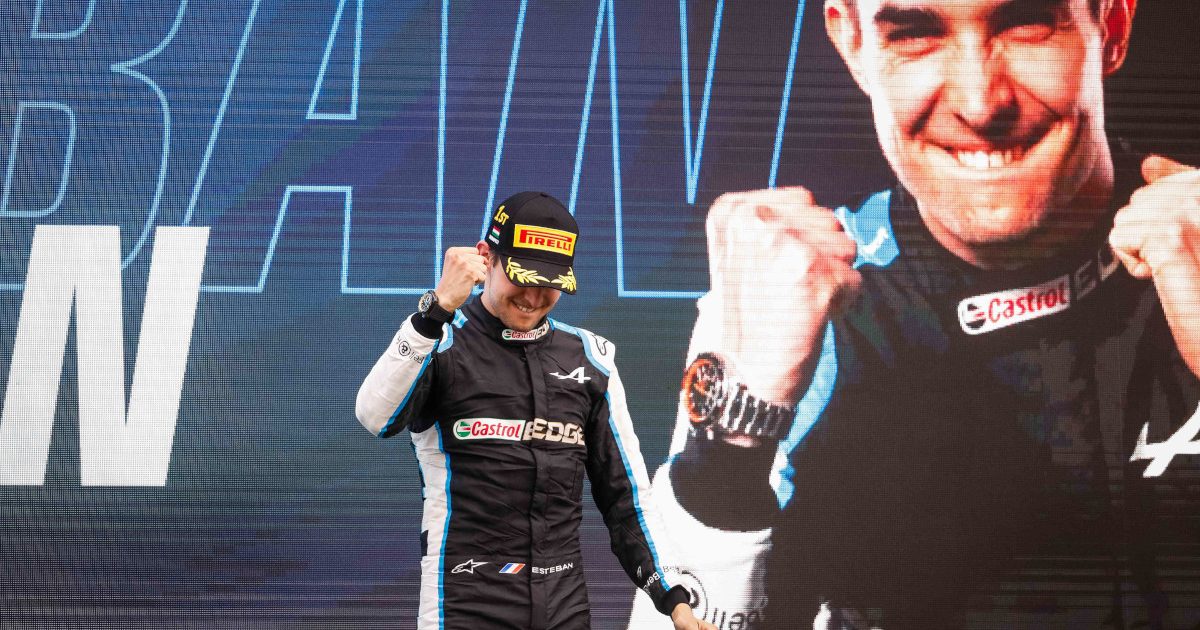 Esteban Ocon celebrates Hungarian GP win. Hungary August 2021