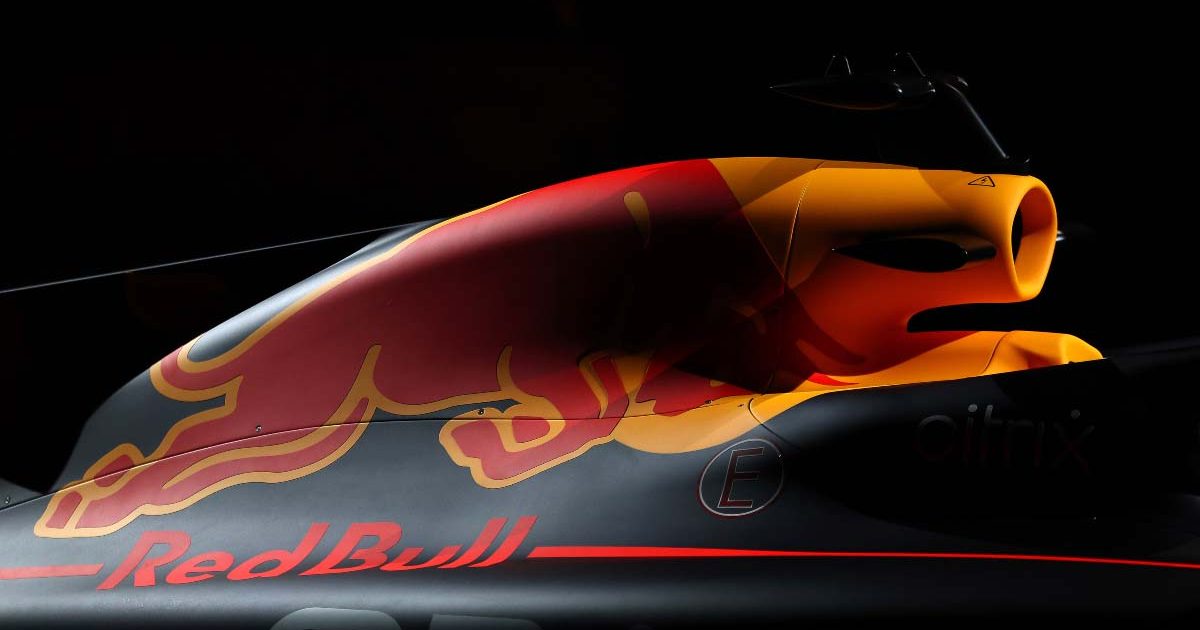The Red Bull logo on the RB18. February 2022.