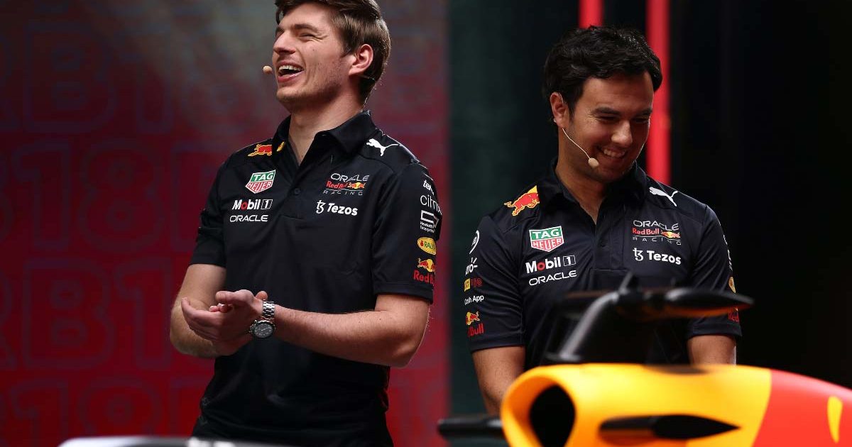 Max Verstappen and Sergio Perez at the Red Bull RB18 car launch. February 2022.