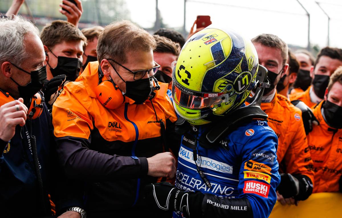 Andreas Seidl embraces Lando Norris after the Emilia Romagna GP. Imola April 2021.