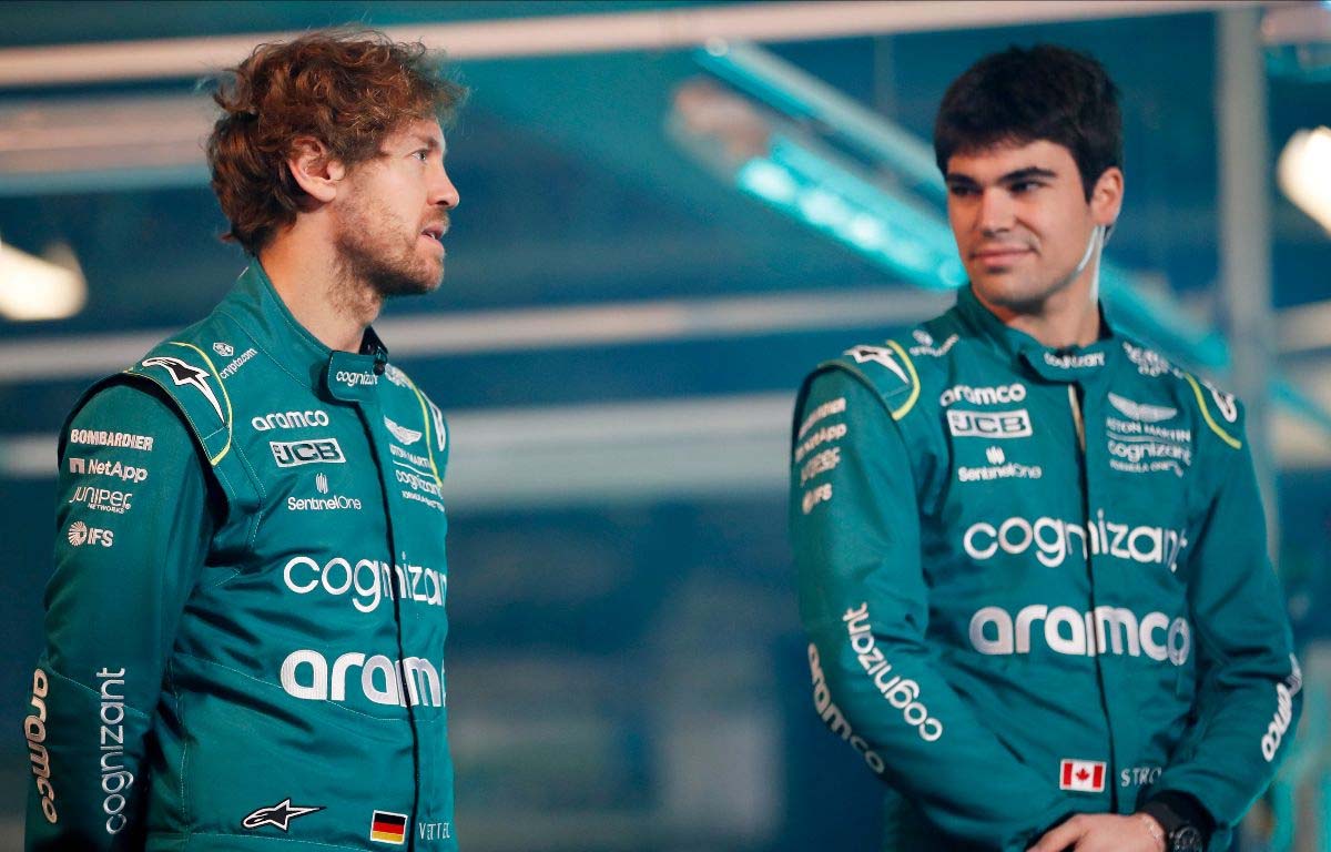 Sebastian Vettel and Lance Stroll. Aston Martin AMR22 launch February 2022.