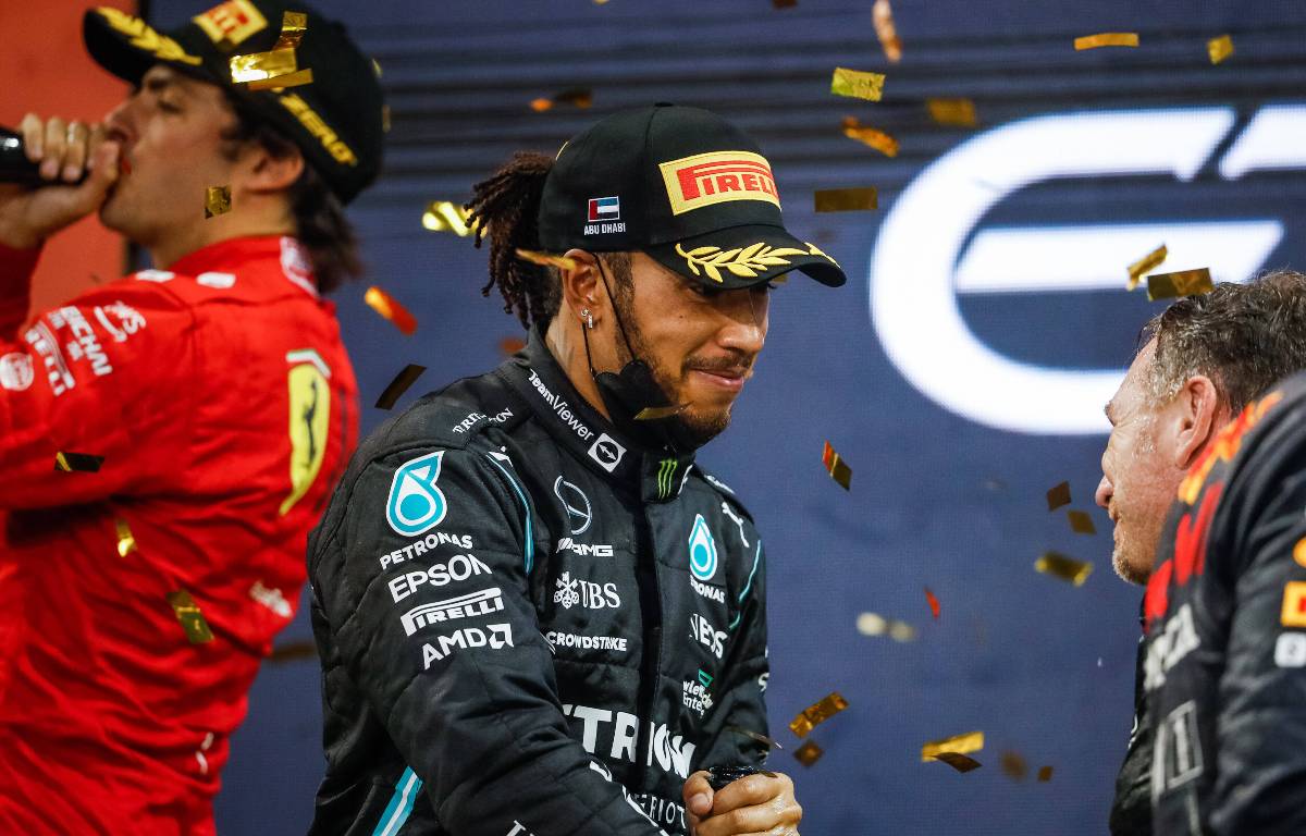 Lewis Hamilton on the Abu Dhabi GP podium. Yas Marina December 2021.