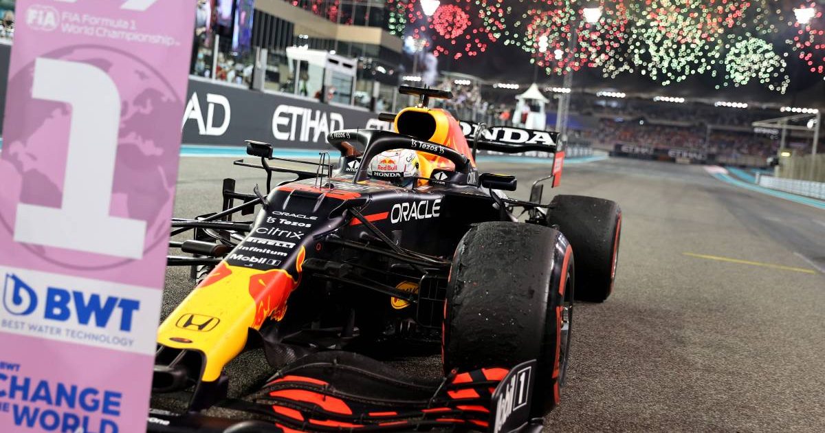 Max Verstappen parks his Red Bull in the P1 position after the Abu Dhabi GP. Yas Marina December 2021.