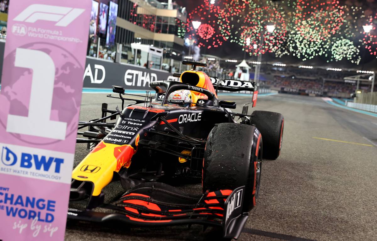 Max Verstappen parks his Red Bull in the P1 position after the Abu Dhabi GP. Yas Marina December 2021.
