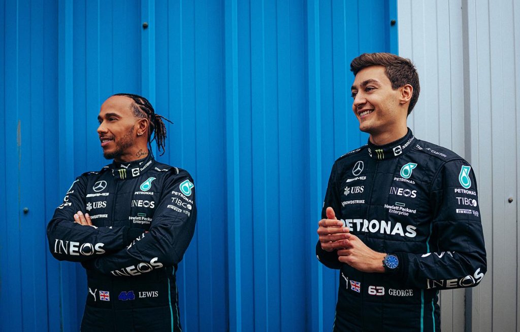 Lewis Hamilton and George Russell at the launch of the Mercedes W13.  Silverstone February 2022.