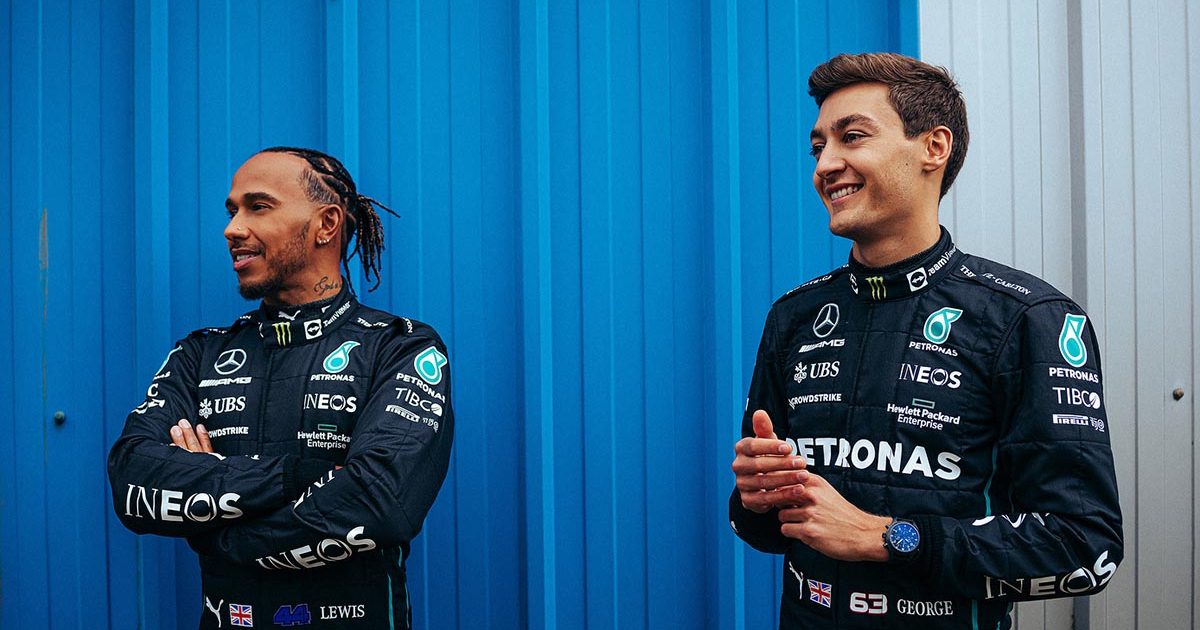 Lewis Hamilton and George Russell at the Mercedes W13 launch. Silverstone February 2022.