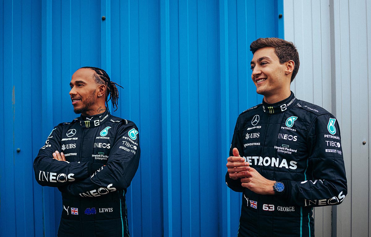 Lewis Hamilton and George Russell at the Mercedes W13 launch. Silverstone February 2022.