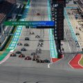 Cars head to Turn 1 at the start of the US GP. Austin October 2021.