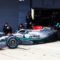 George Russell drives Mercedes W13 at Silverstone. February 2022