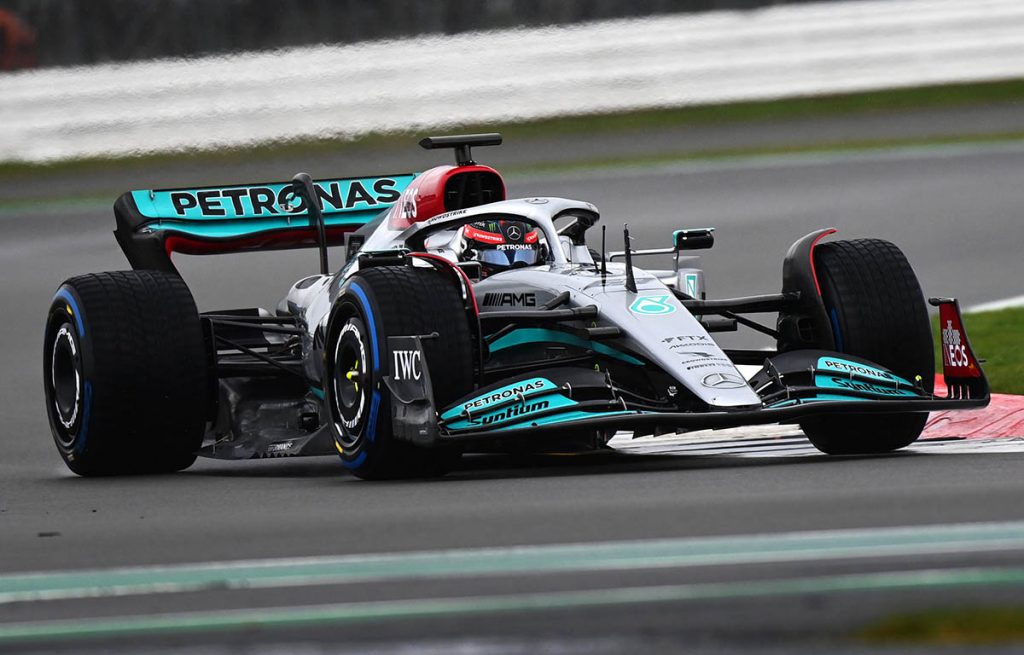 George Russell drives the W13 at Silverstone. February 2022