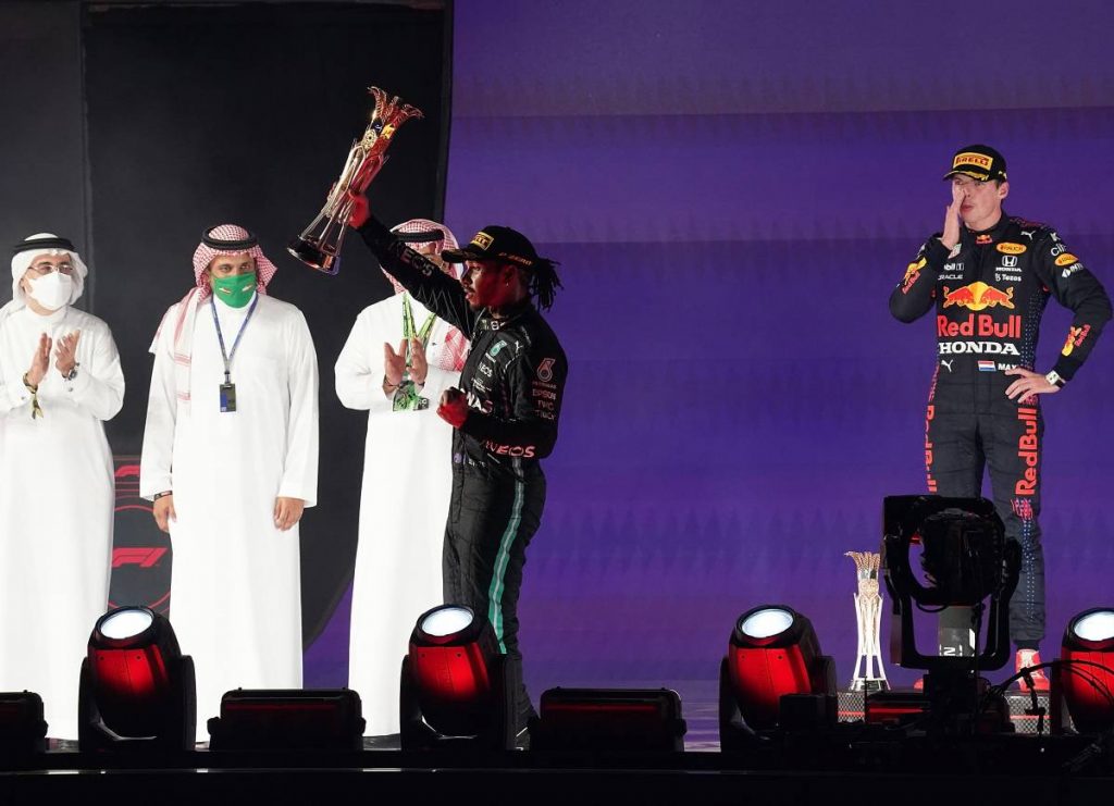 Lewis Hamilton on the podium after winning the Saudi Arabian GP. Jeddah December 2021.