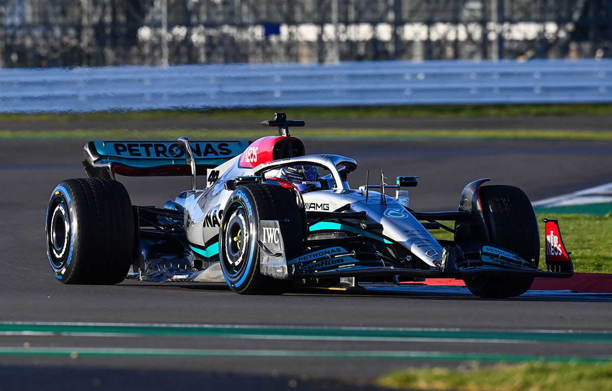 Lewis Hamilton during the Mercedes W13 shakedown . Silverstone February 2022.