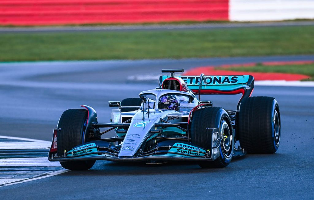 Lewis Hamilton during the Mercedes W13 shakedown. Silverstone February 2022.