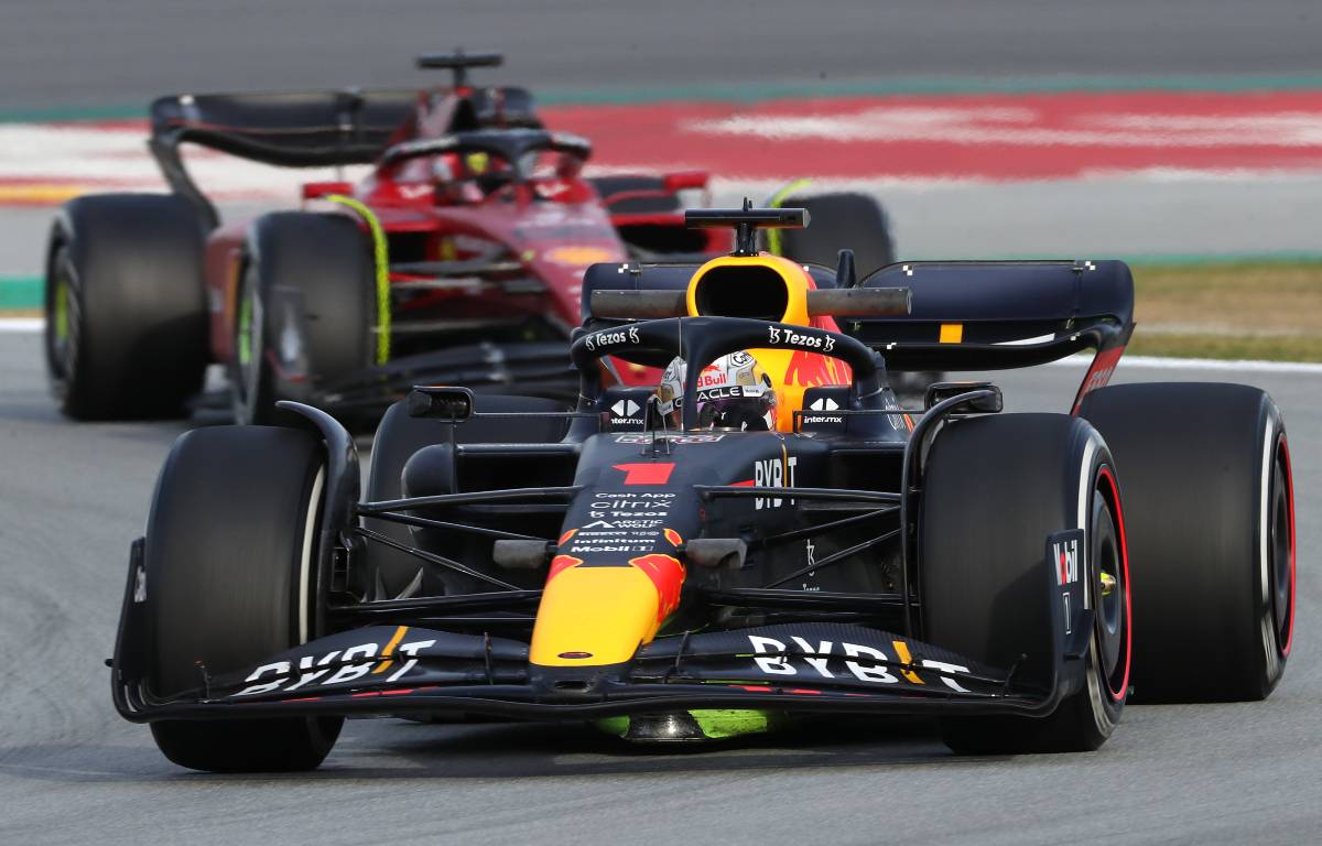Carlos Sainz behind Max Verstappen. Formula 1 Spain, February 2022.