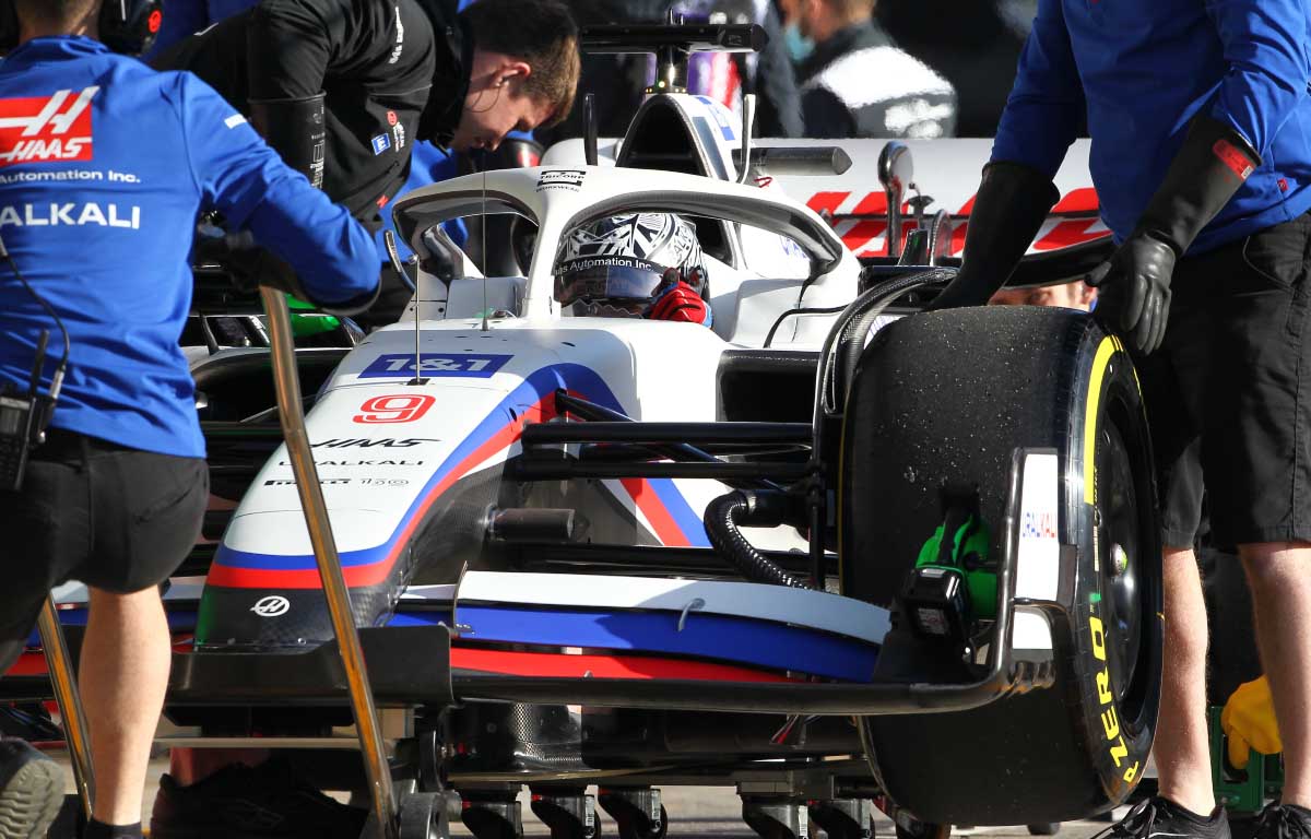 Haas driver Nikita Mazepin in his pit box. Barcelona February 2022.