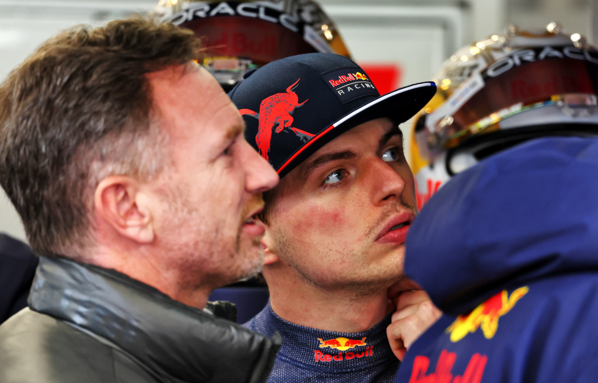 Max Verstappen and Christian Horner watch the screen. Barcelona February 2022