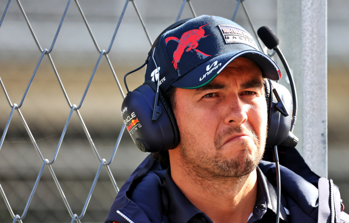 Sergio Perez frowning during testing. Barcelona February 2022