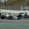 Pierre Gasly, George Russell and Charles Leclerc during pre-season testing. Barcelona February 2022.