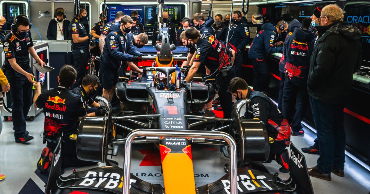 Max Verstappen RB18 in the Red Bull garage in testing. Barcelona February 2022