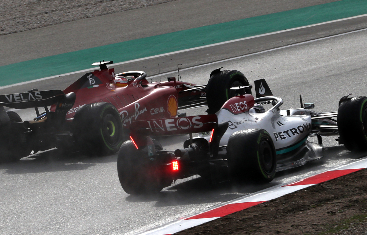 Carlos Sainz alongside Lewis Hamilton in testing. Barcelona February 2022