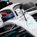 George Russell up close in the Mercedes W13 in testing. Barcelona February 2022