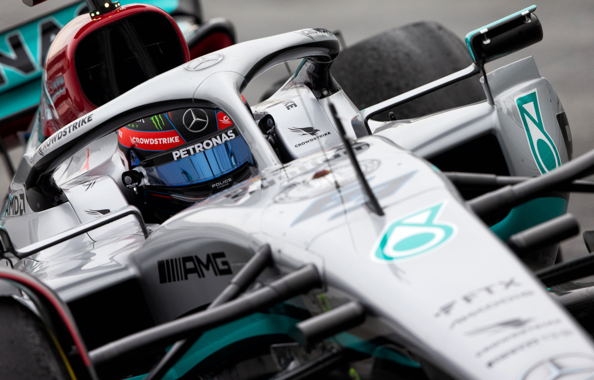 George Russell up close in the Mercedes W13 in testing. Barcelona February 2022