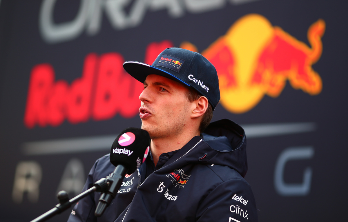 Max Verstappen speaking to the media in testing. Barcelona February 2022