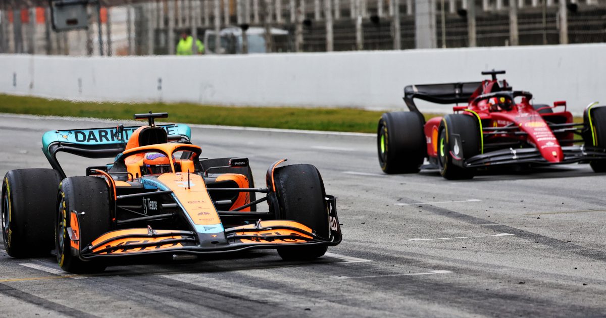 Daniel Ricciardo on track with Carlos Sainz in testing. Barcelona February 2022