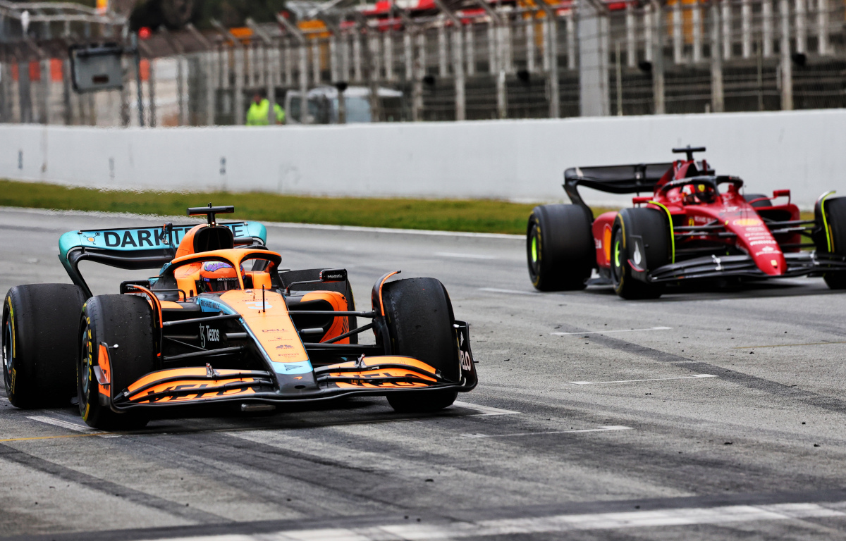 Daniel Ricciardo on track with Carlos Sainz in testing. Barcelona February 2022