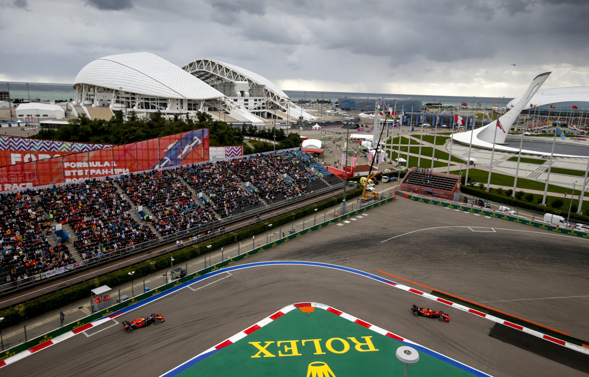 Fans at the Russian Grand Prix Sochi Autodrom watching a Ferrari. Sochi September 2021