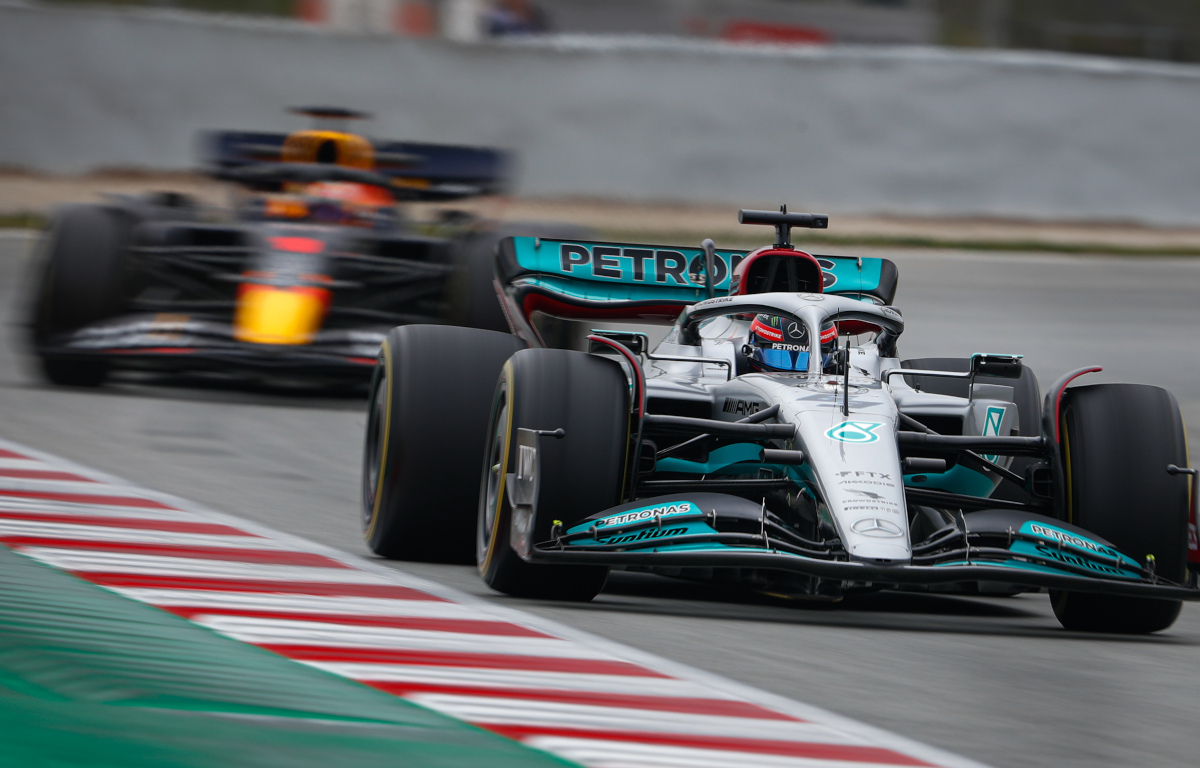 George Russell chased by a Red Bull in testing. Barcelona February 2022