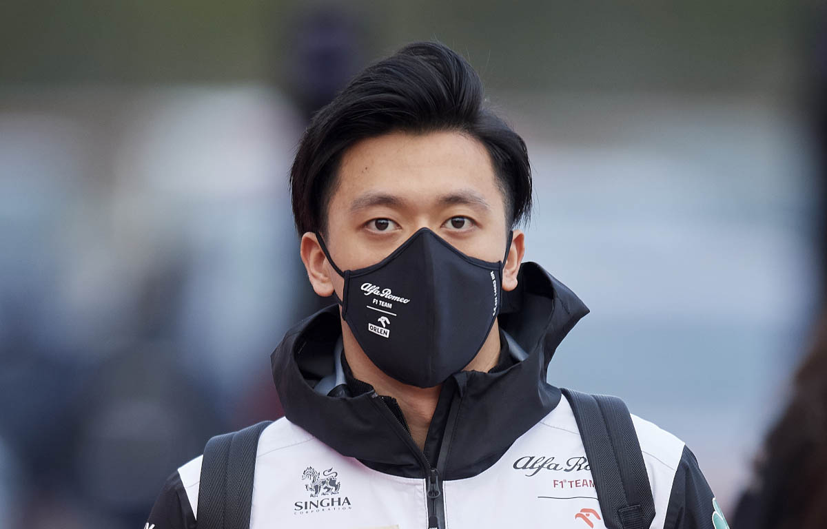 Guanyu Zhou wears a mask. Barcelona February 2022.