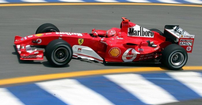 Michael Schumacher races at the Brazilian Grand Prix. 2004 Interlagios